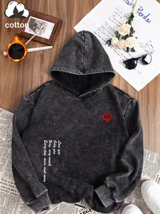 Women's cotton washed distressed hooded sweatshirt, casual retro fashion trend plus velvet hoodie, rose flower print, suitable for autumn and winter, washed back to school style