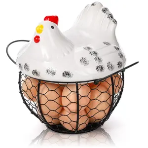 Chicken Egg Basket, Black Wire Egg Collection Baskes with Ceramic Lid for Gathering Fresh Eggs, Chicken Egg Holder, Decorative Farmhouse Cute Eggs Storage Container for Kitchen, Countertop