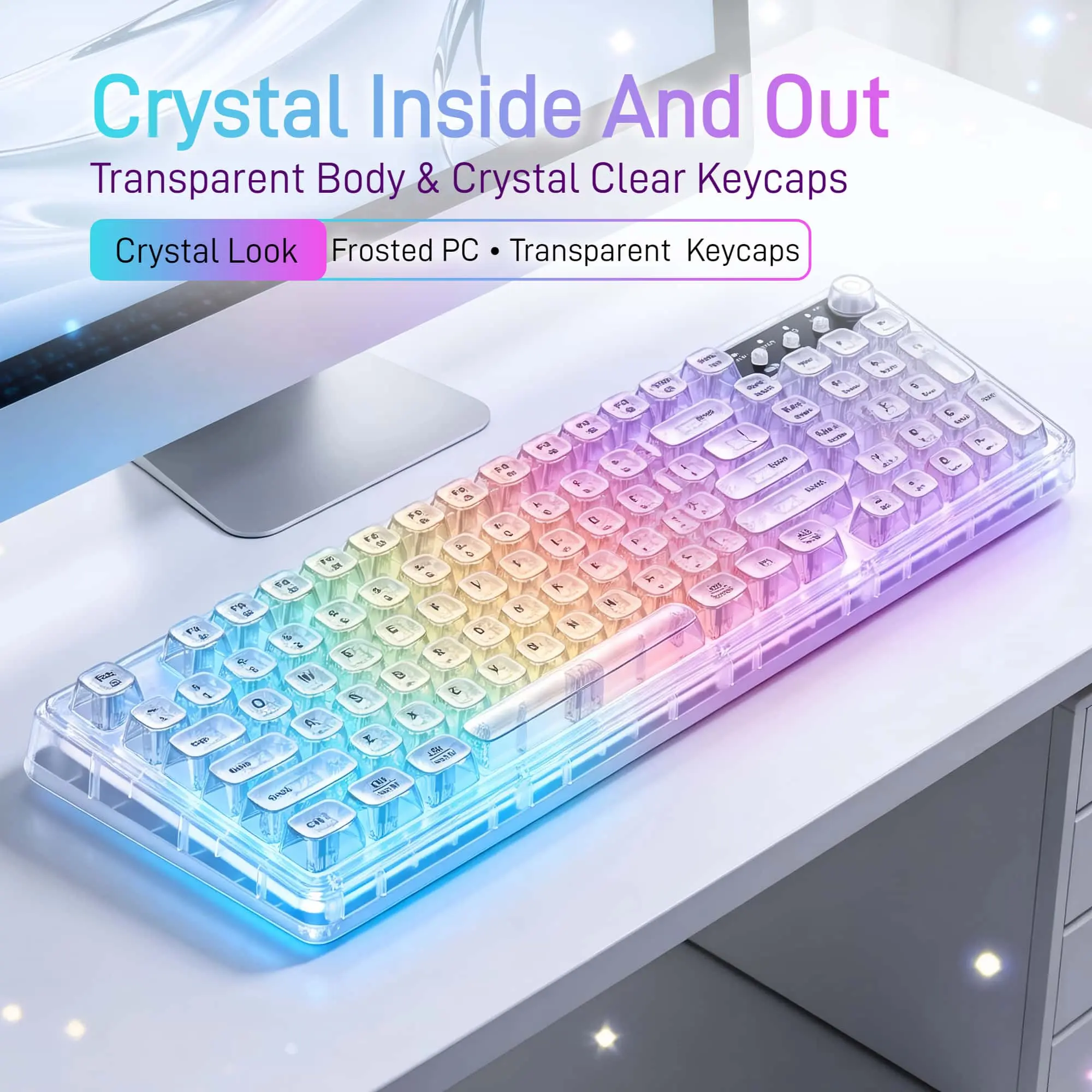 Transparent Tri-Mode Mechanical Keyboard with RGB, 99 Key Wireless Bluetooth 2.4G USB-C Gaming Keyboard with Volume Knob for Aesthetic Desk Setup