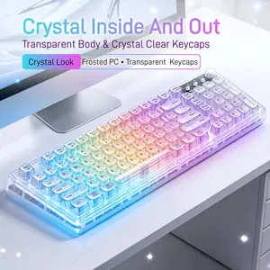 Transparent Tri-Mode Mechanical Keyboard with RGB, 99 Key Wireless Bluetooth 2.4G USB-C Gaming Keyboard with Volume Knob for Aesthetic Desk Setup