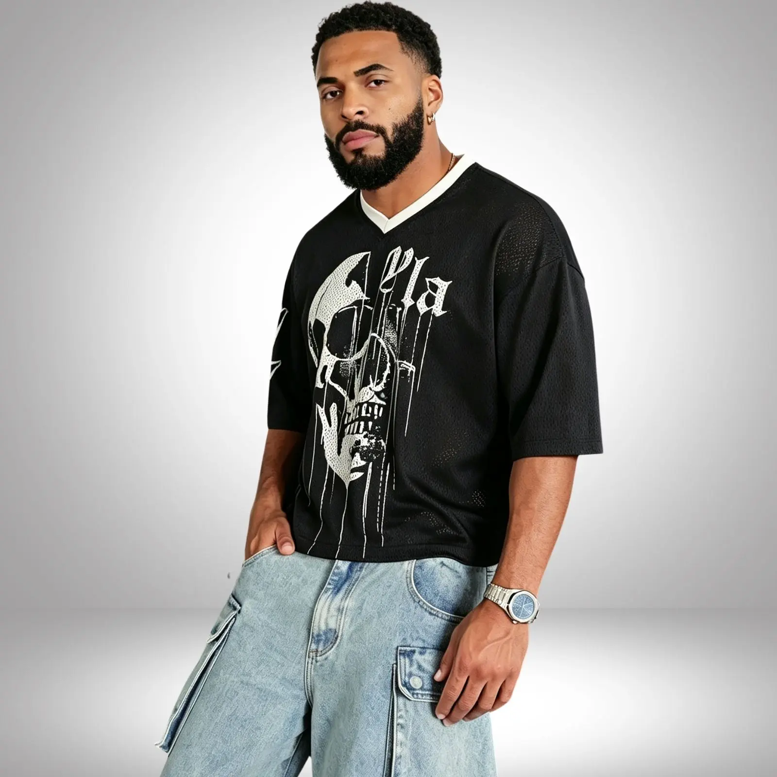 Men's Gothic-Style Skull Drip Print Mesh T-Shirt - Casual Loose-Fit V-Neck Cropped Hip-Hop Streetwear Jersey, Shorts, Sport Jersey, Vibe
