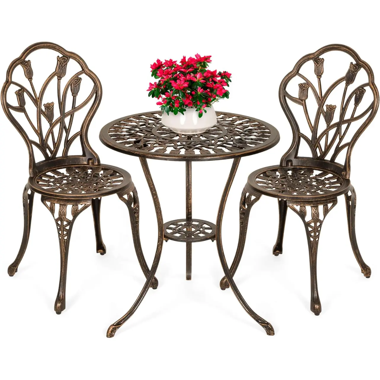 3-Piece Outdoor Rust-Resistant Cast Aluminum Patio Bistro Set w/Tulip Design, Antique Finish - CopperEuropean style two chairs leisure iron courtyard garden simple coffee table