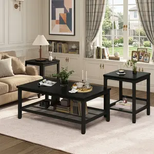 3-Piece Coffee Table Set with 2 End Side Tables, Black Rectangle, MDF & Iron Frame, Adjustable Legs, Ample Storage Shelves, Easy to Assemble, Classic Simple Style for Home Living Room Bedroom