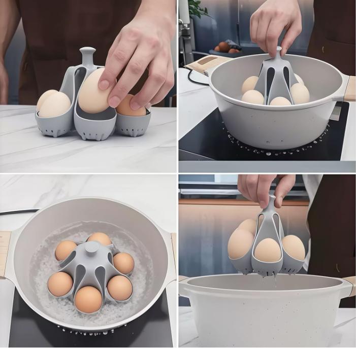 Silicone Egg Boiler Rack for Hard Soft Boiled Eggs, Food Grade Silicone Egg Boiler Cooker with 6 Holders, Kitchen Gadget for Cooking/Serving Eggs with Handle, Dishwasher Safe