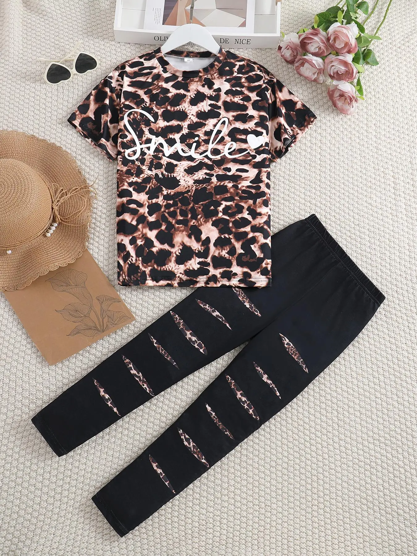 Girl's Leopard Letter Print Tee & Pants Set, Casual Fashion Cozy Round Neck Short Sleeve Tee & Trousers for Daily Outdoor Wear, Kids Clothing for Summ