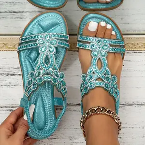 Ladies' Floral Rhinestone Flat Sandals, Bohemian Style Open-Toe Elastic Slip-Ons, Casual Summer Beach Sandals