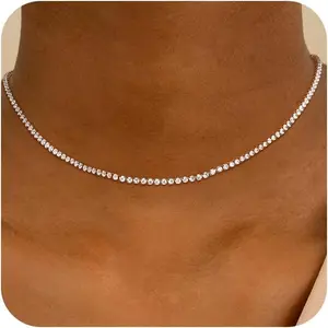 Tennis Necklace for Women, 14K Gold Plated/Sterling Silver Cubic Zirconia Tennis Chain, Dainty Rhinestone Choker Necklaces for Women Jewelry