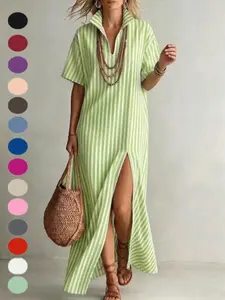 2026 New Arrival Women's Summer Dress, V Neck Short Sleeve Striped Split Cotton Linen, Cross-Border Fashion Apparel for Europe and America