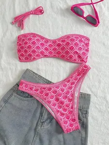 HOT CURVE 2pcs Pink Floral Print Bandeau Bikini Set With Removable Straps, Suitable For Island Vacation, Photography And Summer Beach Wear