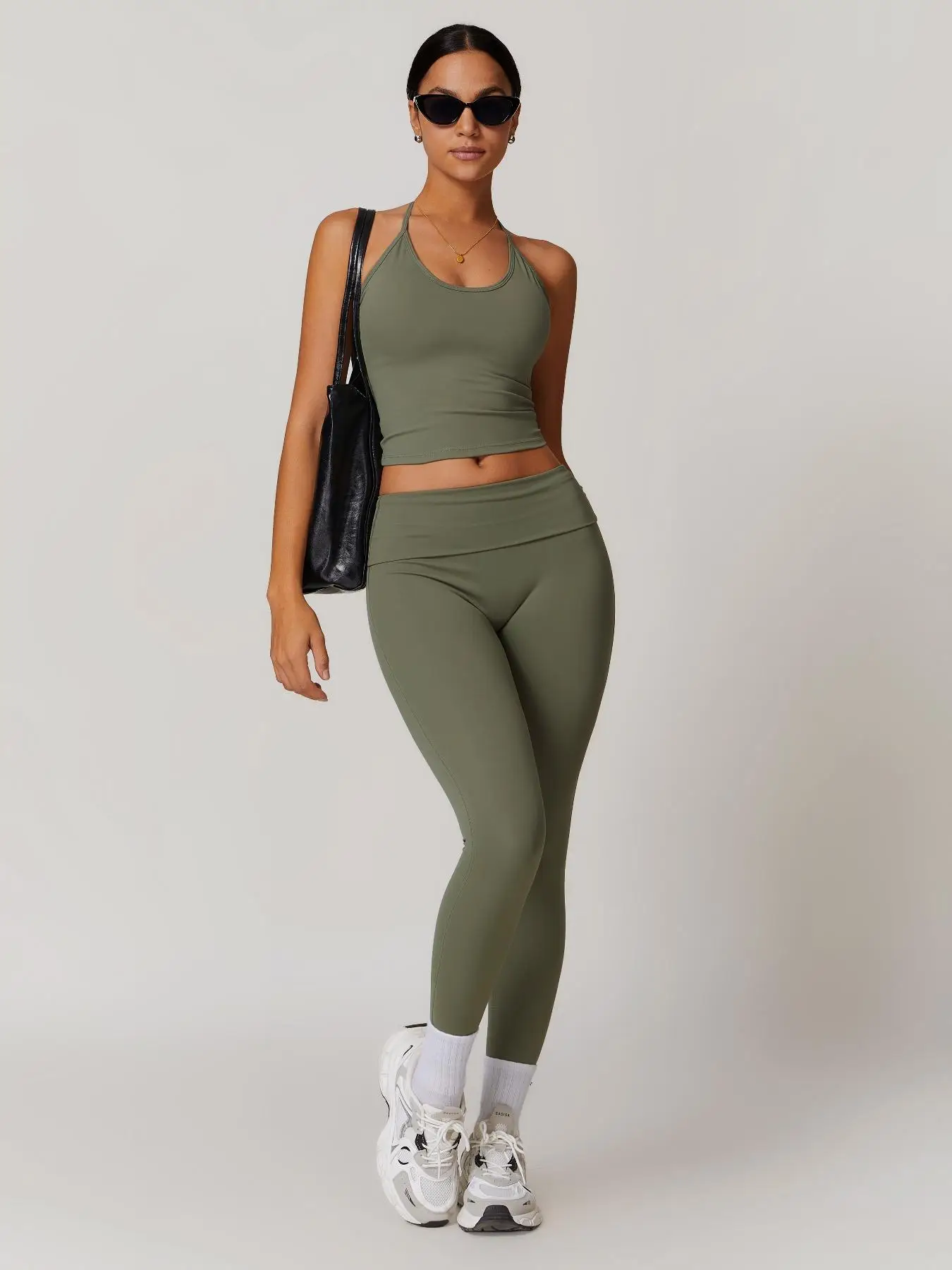 Two-Piece Set Women's Solid Backless Halter Crop Top & Fold Over Waist Leggings Tracksuit Set, Casual Sporty Breathable Outfits for Yoga Gym Workout R