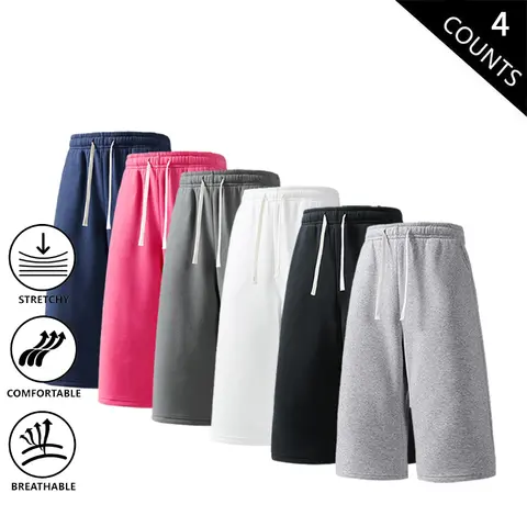 Men’s 4-Pack Athletic Stylish Casual Sweat Shorts - Multi-Size Snug Fit Menswear Bottoms, Stretchable Breathable Knee-Length Pants with Elastic Waist That Stays Put