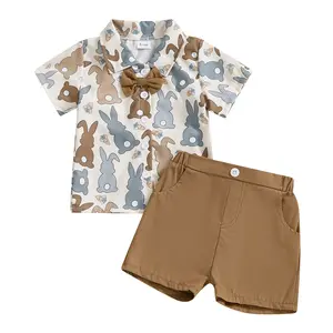 REDWOON Toddler Boy Easter Outfits Bunny Print Short Sleeve Button Down Shirt Top Shorts Set Gentleman Suit