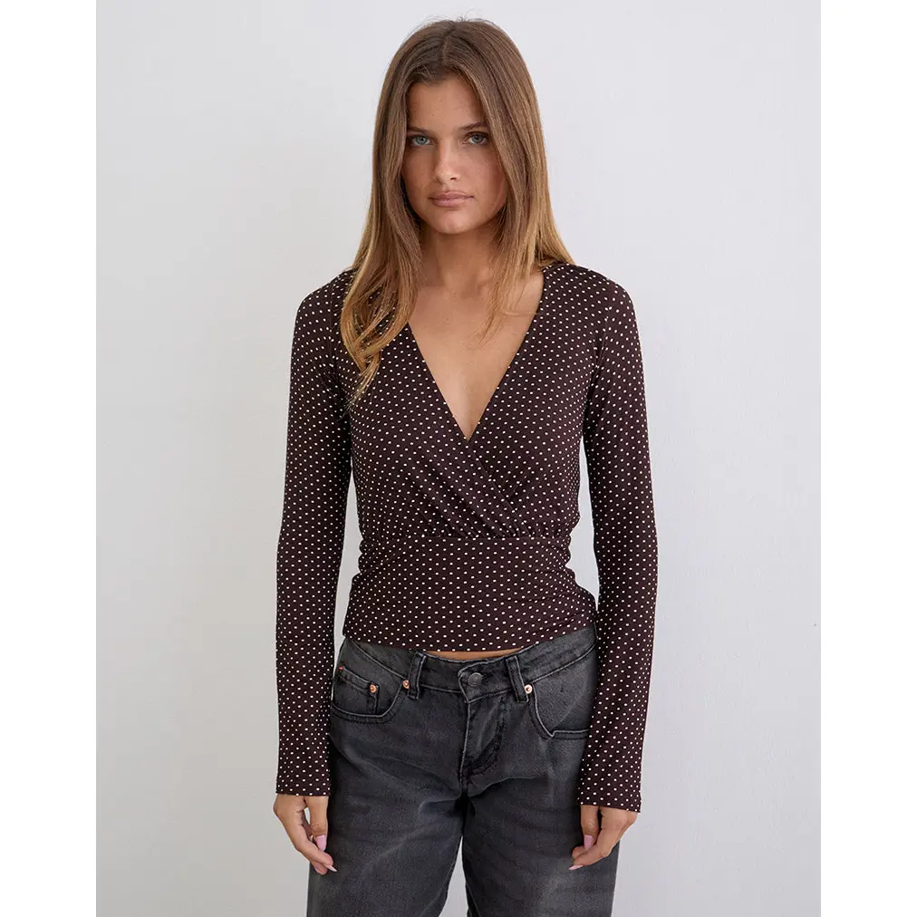 Sheon Long Sleeve Top in Rayon Jersey Brown with Micro Polka Print