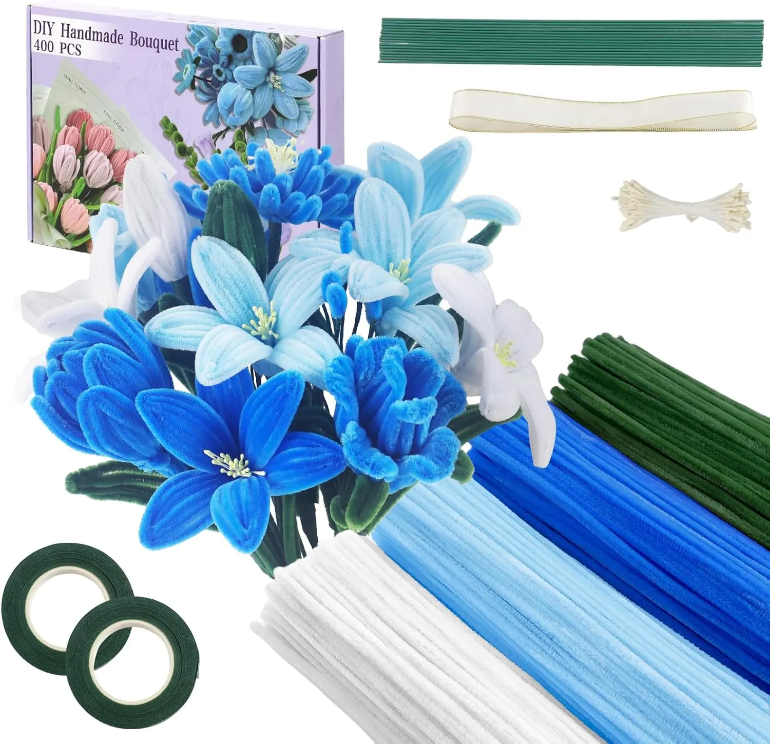 400 Pcs Chenille Stems Pipe Cleaners Craft Bulk - 4 Assorted Cleaners Craft Bulk - 4 Assorte…Colors, with Floral Wires, Gardening Tape, Stamen & Ribbon for DIY Flower Making (Blue)