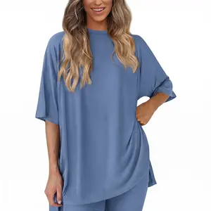 Women's 2 Piece Lounge Sets Oversized T Shirts and Shorts Outfits Casual Short Sleeve Side Slit Sweatsuits Tracksuits
