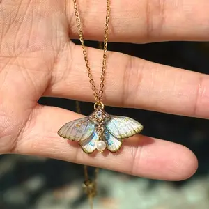 Moth Necklace Gold, Butterfly Wing Pendant Necklace with Pearl, Vintage Nature Jewelry for Women, Aesthetic Fairycore Necklace Gift