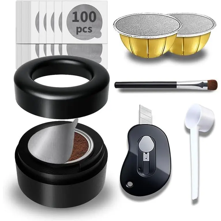 Vertuo Pods Kit for Nespreso,Design for Faster Seal  Nespreso Vertuo Pods with Scoop,Brush and ,100pcs Aluminum Foil Lids for Refillable Nespreso Pods Vertuo