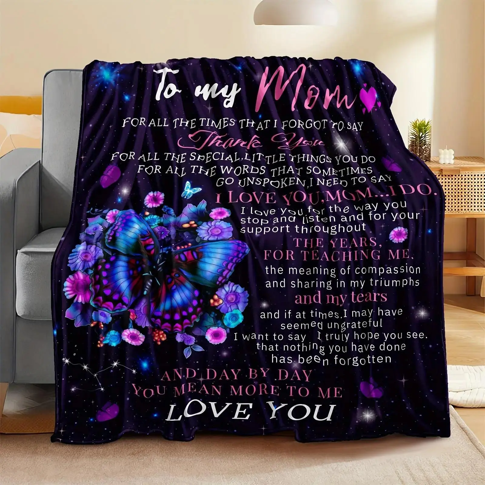 Fleece Throw Blanket with Butterfly Letter, Soft Fleece Fabric Sentimental Gift Idea for Mother Appreciation, Mom's Birthday Gift