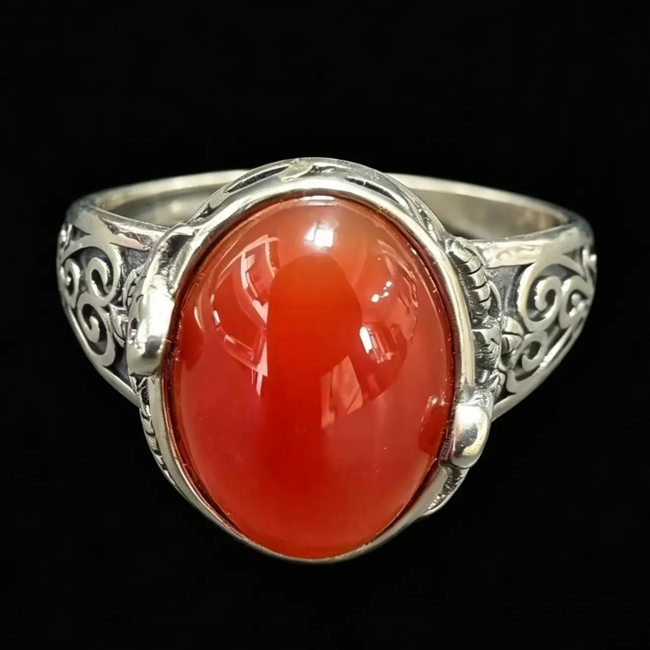 Unisex 925 Sterling Silver Vintage Filigree Oval Bird Ring with Natural Carnelian, Adjustable, Bohemian Style, Boosts Vitality and Confidence, Boost Confidence