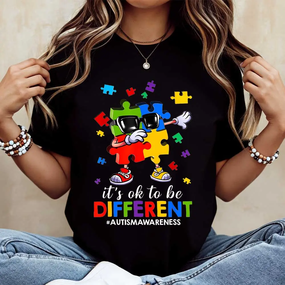 Motion Range Autism Puzzle Piece Character With Sunglasses And Text It S Cool To Be Different Tshirt Short Sleeve Casual Wear For Autism Awareness