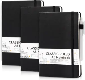 3 Pack Notebooks Journals Bulk with 3 Black Pens, A5 Hardcover Notebook Classic Ruled Lined Journal Set with Pen Holder for Work Business Journaling Note Taking, 120 GSM, 5.1x8.3, Black