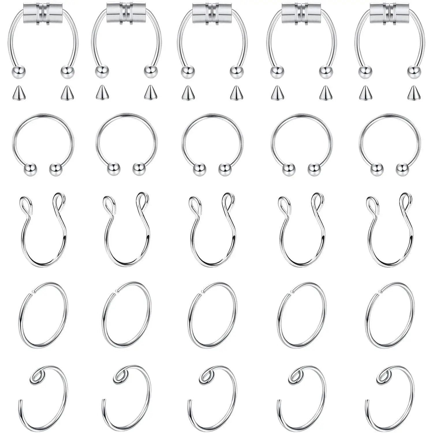 FLORIDECO 25Pcs Stainless Steel Fake Septum Fake Nose Ring Horseshoe Faux Fake Nose Septum Rings Magnetic Septum Piercing Clip On Nose Hoop Ring Daily