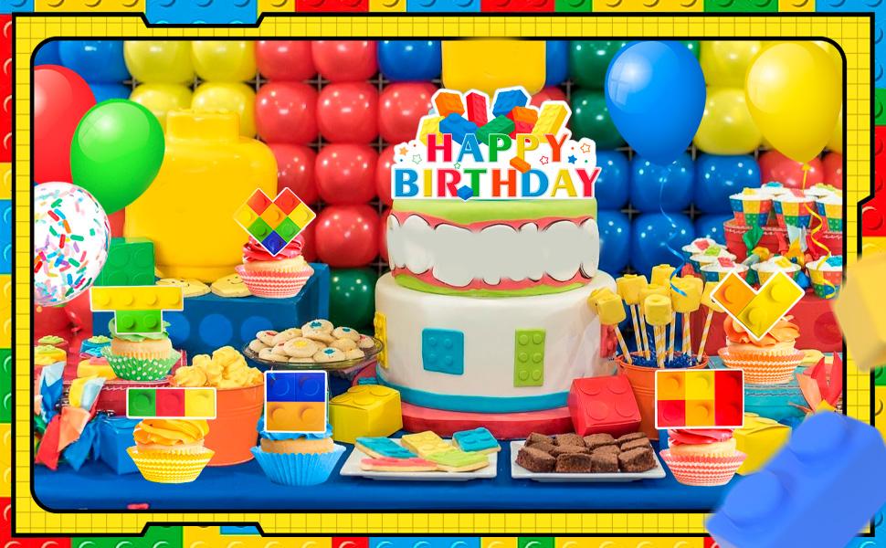 Block Party Decorations,53 Pcs Building Blocks Birthday Decorations Set - Building Block Birthday Balloons,Building Block Banner Cake Topper etc Colorful Building Block Birthday Party Supplies