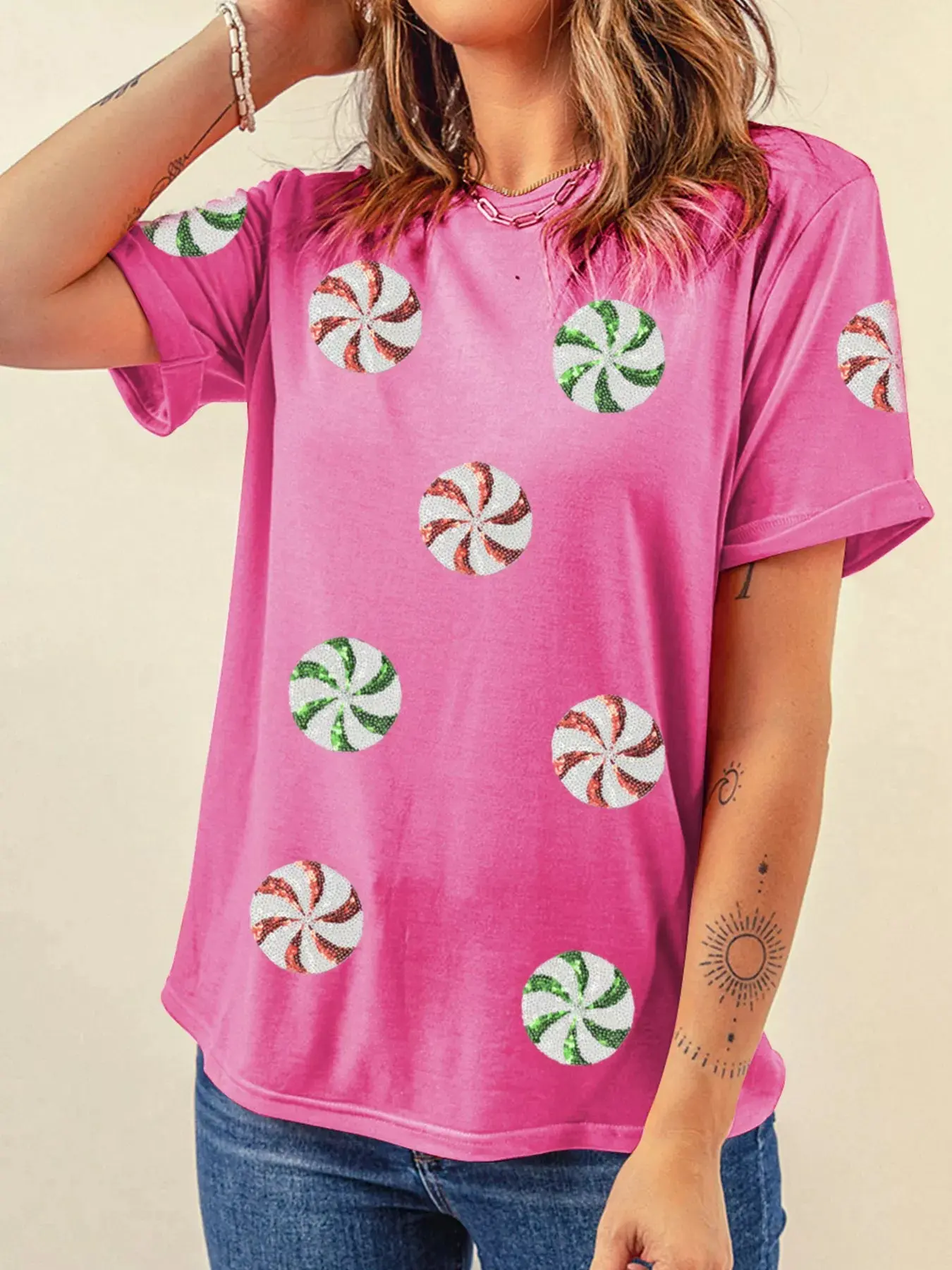 Women's Sequined Candy Swirl Christmas Short-Sleeve Stretchy T-Shirt, Sequin Accents Casual Tops