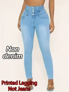 Women's Printed Medium Wash Skinny Jeans, Casual Fake Denim Style, Elastic Stretchy Material, All-Season Wear, Versatile Design, Leggings, Bottom