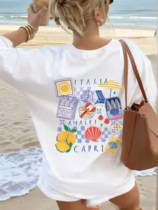 Women's Summer New Beach Lemon Shell Fish Lobster Print Casual Vacation Loose Versatile Round Neck Beige Short Sleeve T-Shirt, Fashionable Everyday Wear Pink