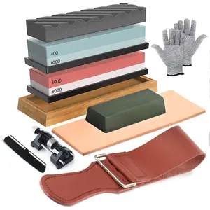 Knife Sharpening Stone Set, 4 Side KitGrit 400/1000/3000/8000 Waterstone, Whetstone Sharpener Set with Non-Slip Bamboo Base, Cut Resistant Gloves, Flatting Stone, Angle Guide & Strop