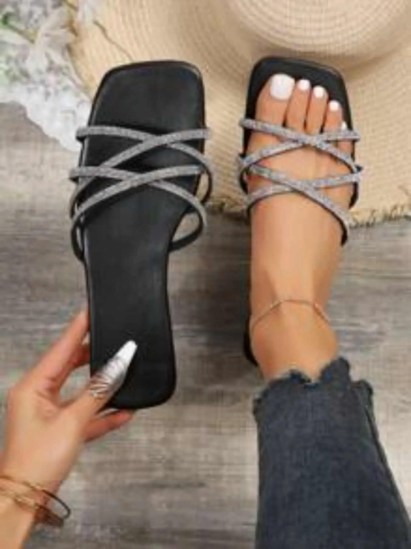 Flat Square Toe Slippers, Elegant Rhinestone Design, Versatile Casual Footwear, Perfect for Daily Wear & Parties, Comfortable & Stylish, Glitter Decorated Sandals