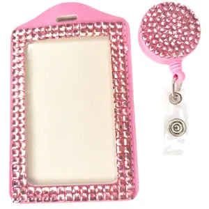 Pink - badge holder - identification badge holder - name tag holder - lanyard - rhinestone badge holder