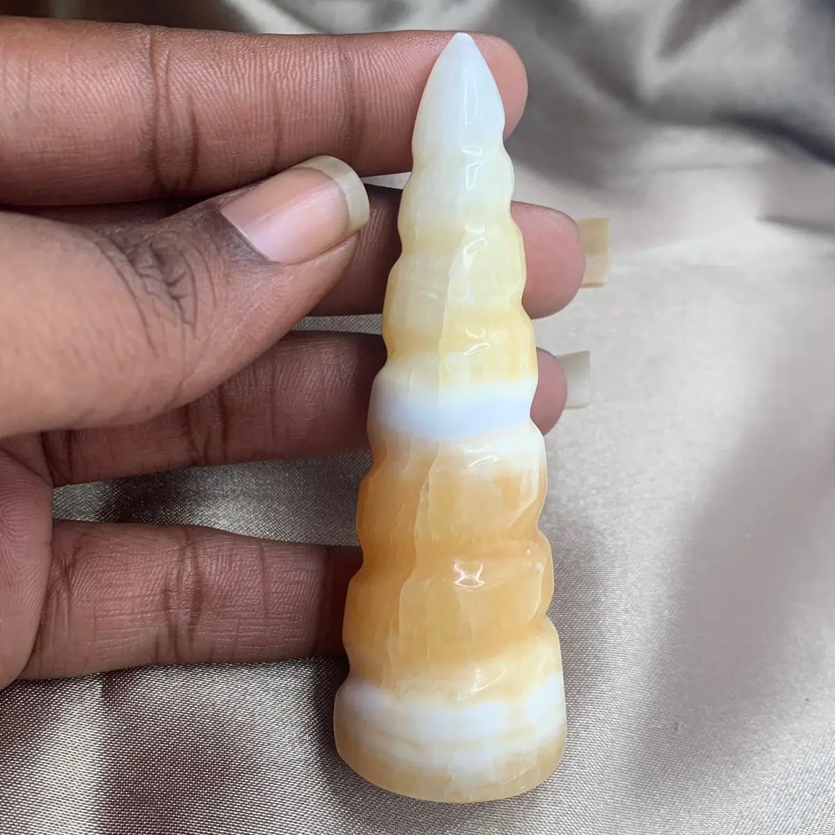 Natural Small Orange Calcite Crystal Spiral Tower Unicorn Horn
