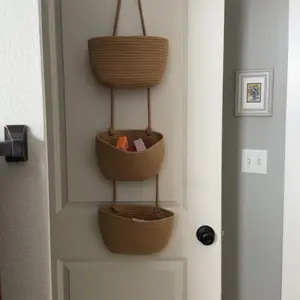 Woven cotton 3-Tier Over the Door Basket, Wall-Mounted Jute Storage Organizer – Decorative Nursery Baskets, Perfect for Busy Mom/Dad to Store Diapers & Toys small basket Gift Hook laundry basket house organizers
