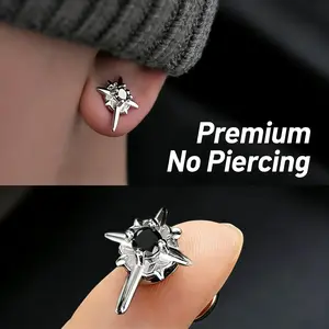 Premium No Piercing Star Spike Fake Earrings for Men women  Stainless Steel Black CZ Clip On Earrings, Non Pierced Punk Gothic Ear Cuffs, Hypoallergenic Fake Piercing Jewelry for Guys, Hip Hop Streetwear Accessory, Gift for Him