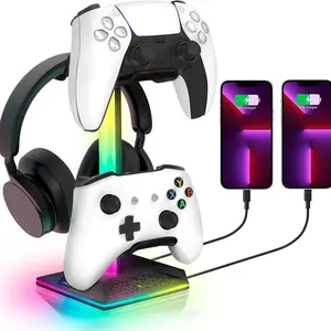 RGB Lighting Gaming Headphones Holder with 2 USB Ports, Non-slip Rubber Base Headphone Stand with 10 Light Modes, Headphone Accessories for Home & Office, Gaming Accessories