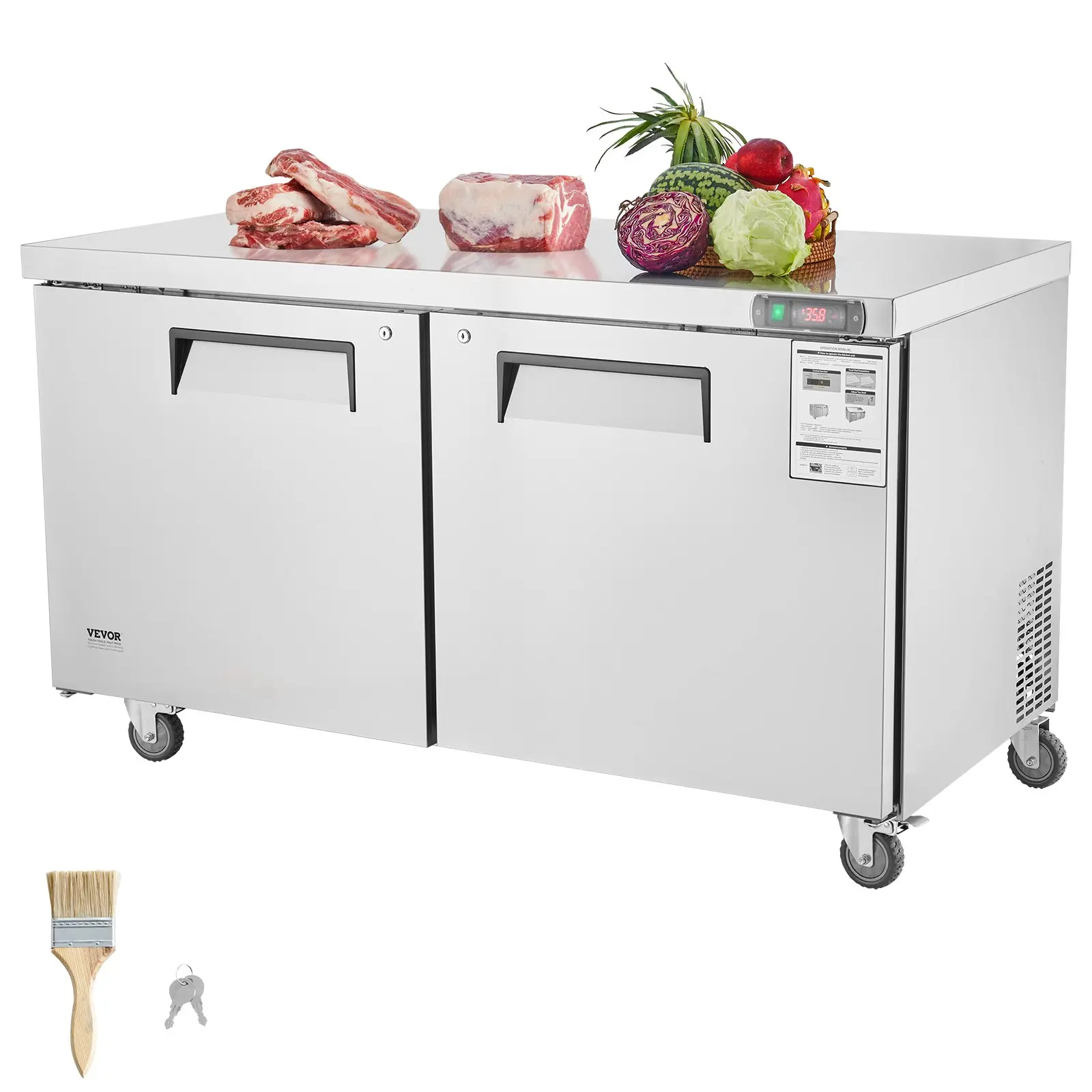 VEVOR 60 Commercial Refrigerator Sandwich Salad Prep Table, 16.4 Cu. Ft Stainless Steel Refrigerated Food Prep Station with 2 Doors, Frost Free Refrigerator with Lock for Restaurant, Bar, Store