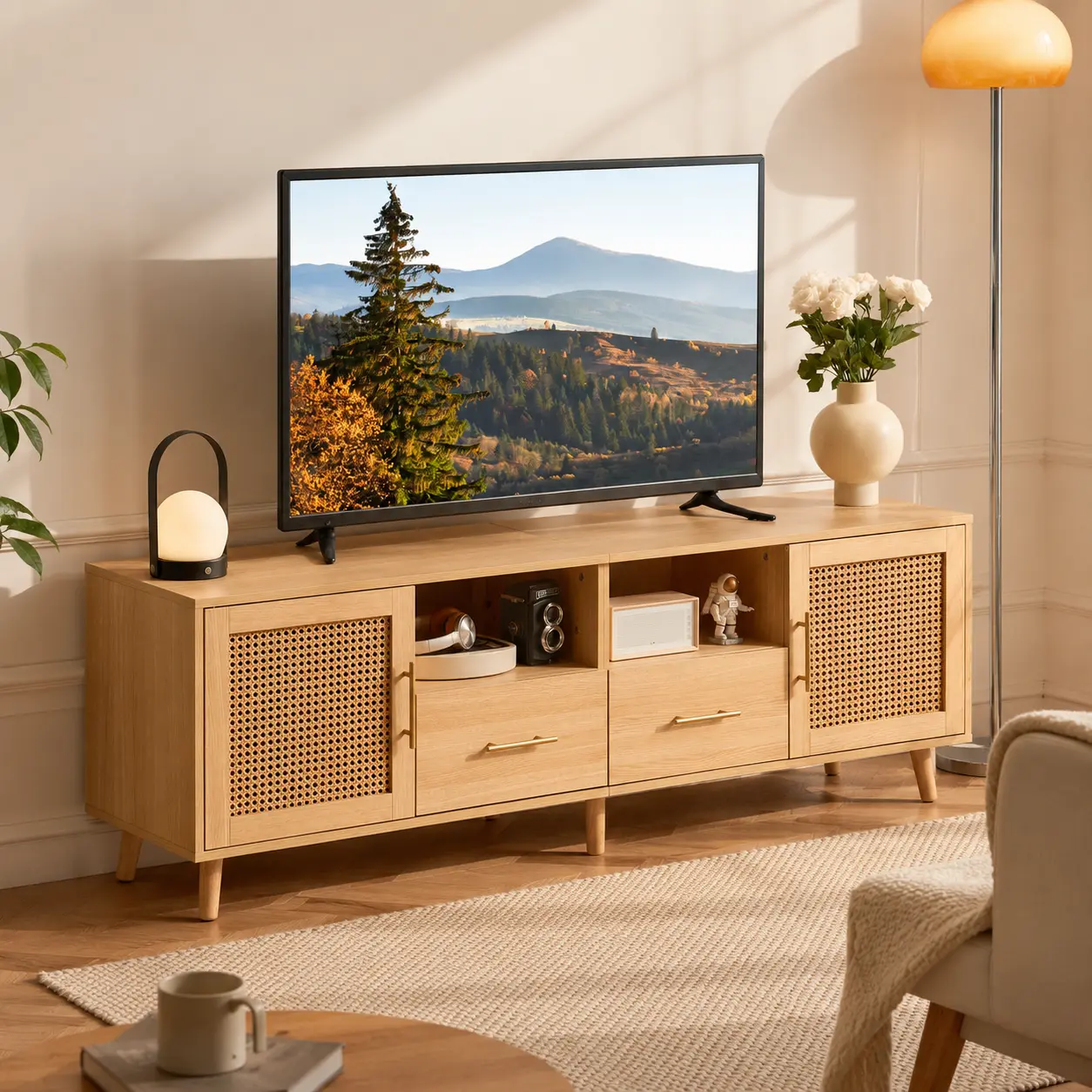 Boho Rustic Rattan Wood Freestanding TV Stand for 70-Inch TV - 63" Home Entertainment Center with LED Lights, Power Outlet, 2 USB Ports, 2 Drawers, Storage Cabinets, Open Shelves, Electric Fireplace for Apartment Gaming Setup to Light Up Your Space