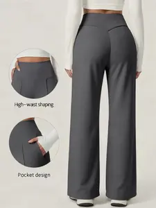 Women's High-Waisted Wide-Leg Sports Pants, Waistband Design, Stretchy Fabric, Breathable, Four-Direction Elasticity, Comfortable Fit