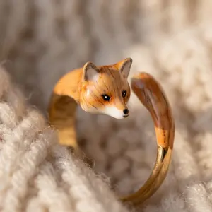 Hand-Painted Fox Ring, Gold Plated Enamel Wrap Around Animal Ring, Cute Fox Jewelry Gift for Her  - fox ring, animal ring, enamel ring, hand painted ring, gold fox ring, woodland jewelry, wrap ring, cottagecore ring, cute animal ring, fox lover gift