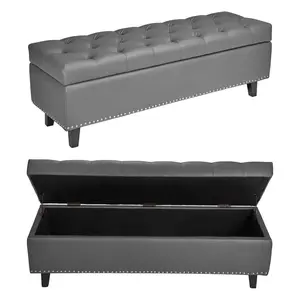 VEVOR Button-Tufted Storage Ottoman Bench, PU Leather Bench with Storage and Solid Wood Legs, Modern Shoe Benches Seat for Entryway, Upholstered End of Bed Benches for Living Room, Dining Room, Gray