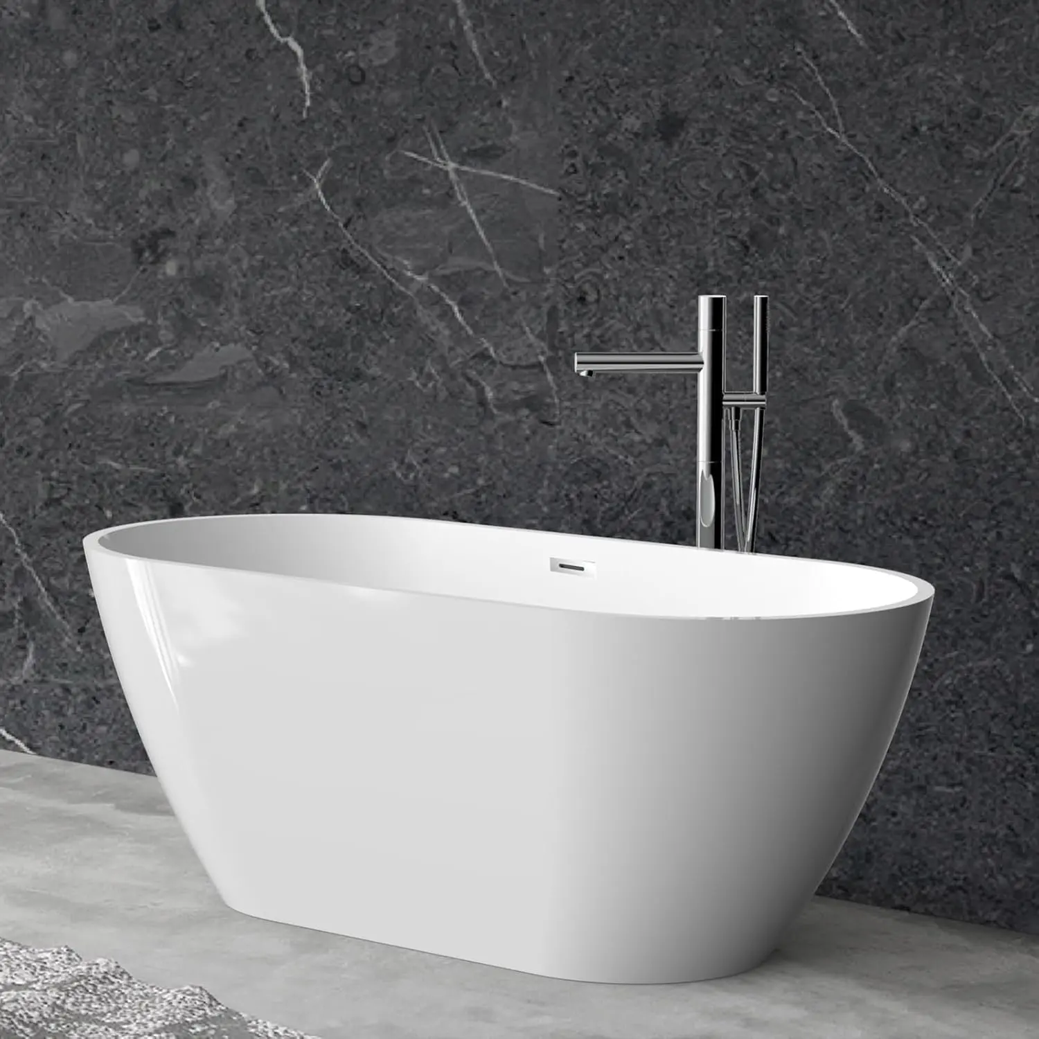 Garvee Spacious Acrylic Freestanding Bathtub – Deep Soaking Stand Alone Tub with Chrome Overflow & Drain – Glossy White, Modern Design – Flora Acrylic Freestanding Bathtub with Chrome Drain