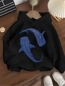 Girls' Hooded Sweatshirt Blue Whale Shark Print, Graphic Hoodies, Ocean Element Casual Wear, Breathable and Soft Fabric, Daily Fashion for Fall & Winter