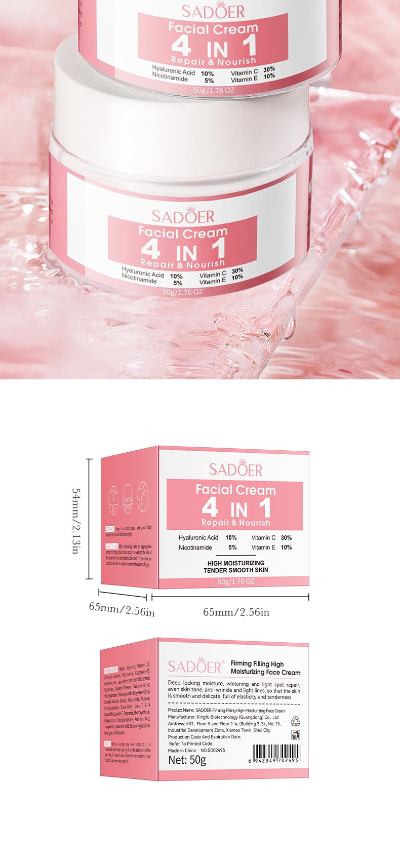 4-in-1 multifunctional face cream with a highlymoisturizing formula and a delicate texture,containing multiple skincare ingredients thatprovide hydration, firming, repair, andnourishment. Suitable for daily skincare use.