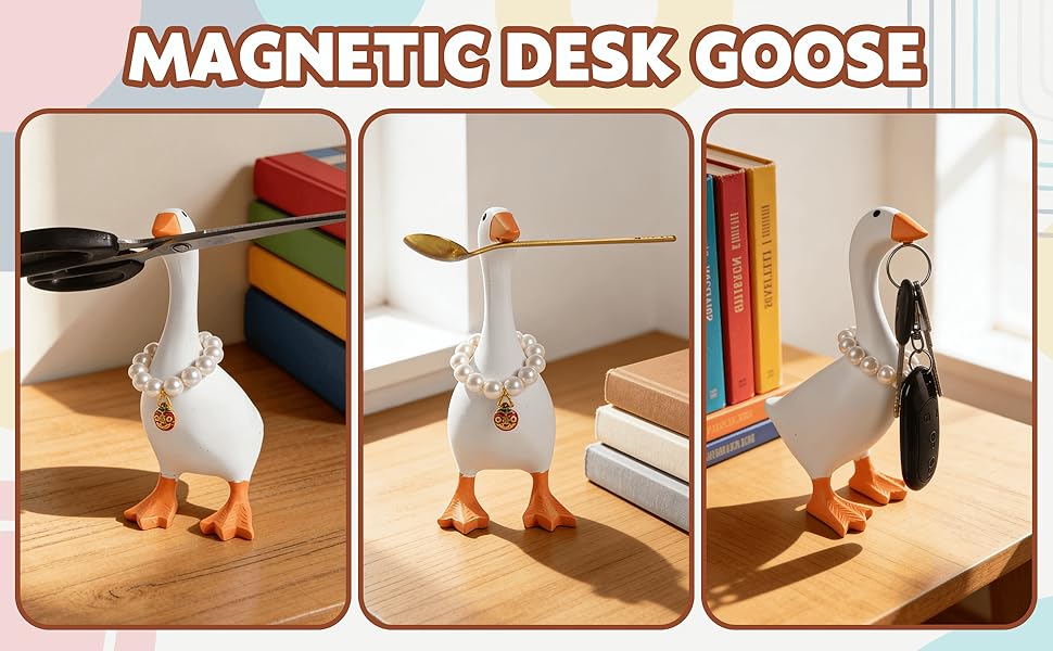7-Inch Resin Goose Desk Statue with Magnetic Beak and Pearl Necklace – Funny Desktop Figurine Key Holder, Cute Home Office Decor, Holiday Gift, Housewarming Ornament, Silly Decorative Accent for Bedroom & Office Indoor Decoration Articulating Miniatures