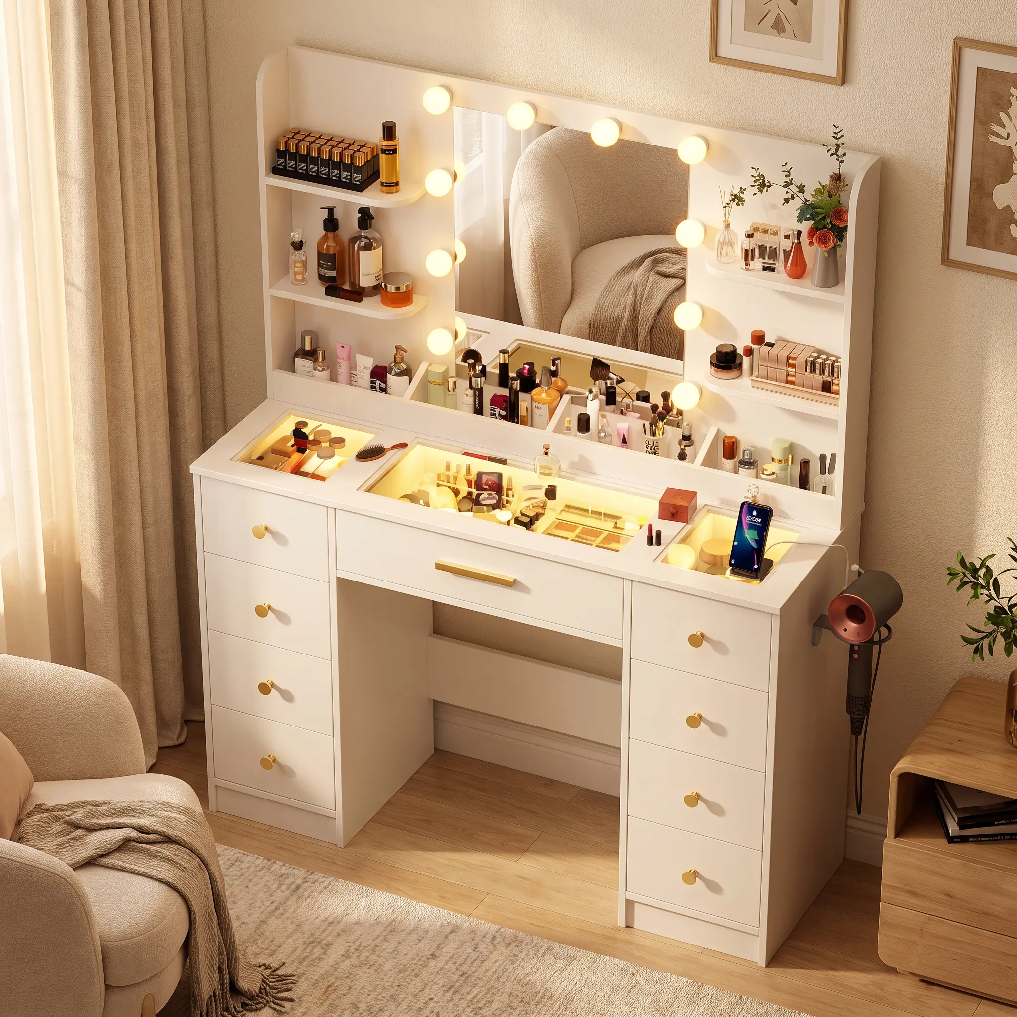 LAKEMID Modern Vanity Desk with Large Mirror LED Lights Glass Top Makeup Set Power Outlet Drawers Cabinet 3-Color Adjustable Lighting for Bedroom White