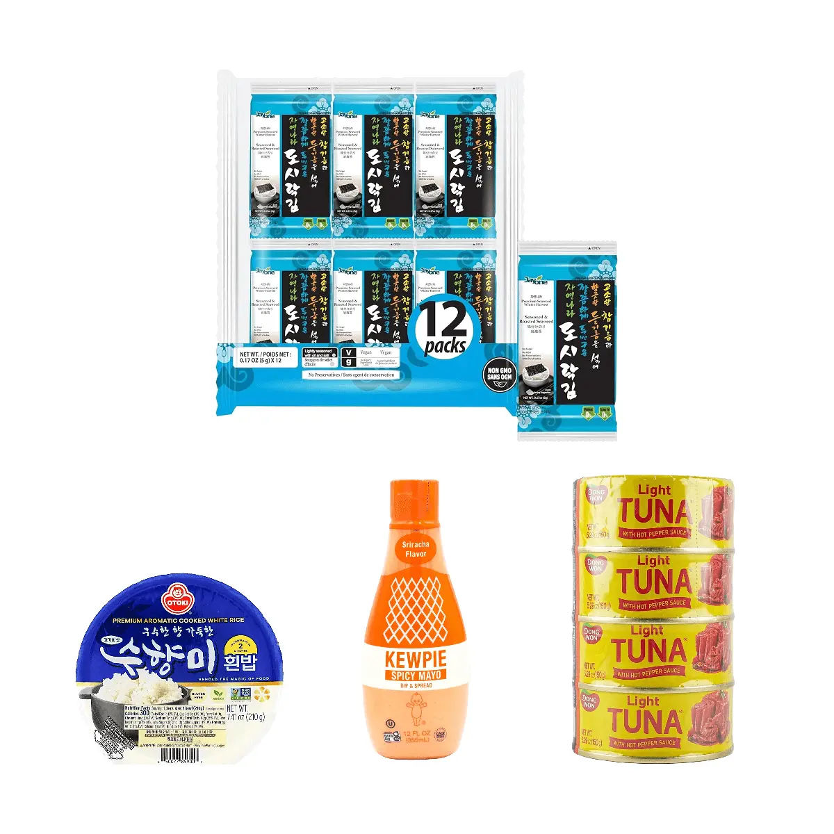 JAYONE Korean Seasoned Seaweed, DONGWON Spicy Tuna, OTOKI Instant Rice, KEWPIE Sriracha Mayo - 4pc Value Pack JAYONE Korean Seasoned Seaweed, DONGWON Spicy Tuna, OTOKI Instant Rice, KEWPIE Sriracha Mayo - 4pc Value Pack