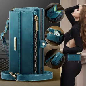 Cross shoulder bag with multifunctional zipper, leather foreskin, multiple card slots, wallet holder, shockproof phone case, Samsung Galaxy S26 S2524 23 22 Ultra Plus S25EDGE compatible with wireless charging, long rope and short hand rope holder function