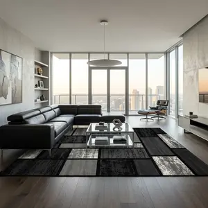 Washable Black Grey Geometric Area Rug 8x10 5x8 4x6 ft. Super Soft Velvet Indoor Carpet with TPR Non-Slip Backing. Modern Abstract Color Block Floor Mat for Living Room Bedroom Dining. Pet Friendly Easy Clean Cozy Room Decor Suitable for Any Scene.